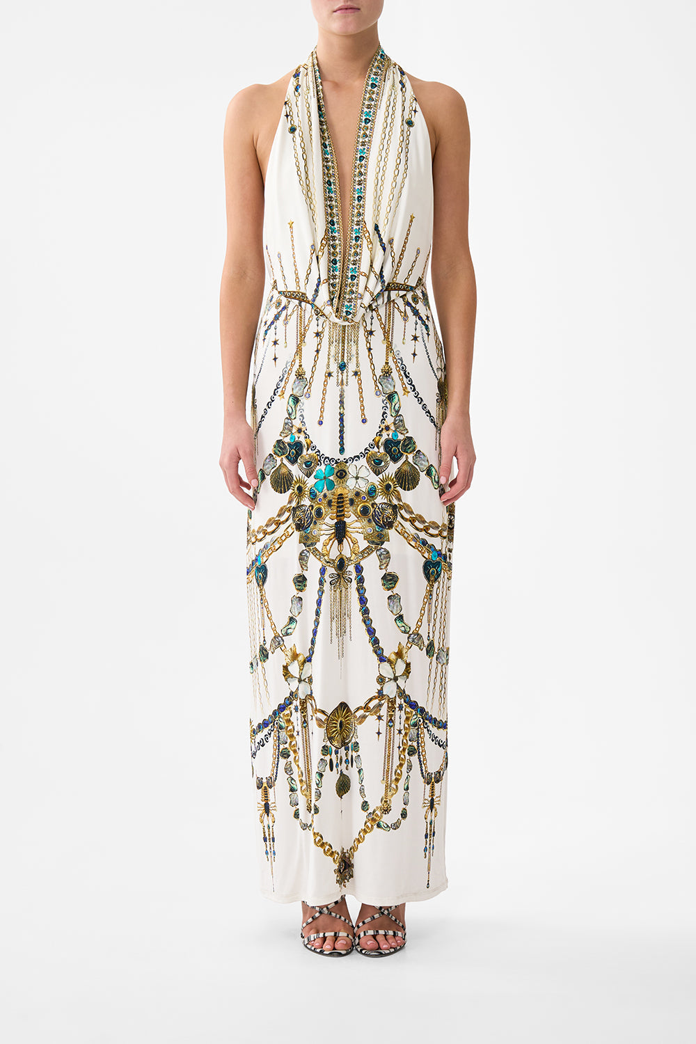 The CAMILLA DEEP COWL PLUNGE DRESS CHAIN GANG in our CHAIN GANG print.