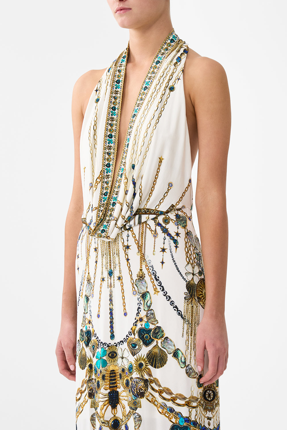 The CAMILLA DEEP COWL PLUNGE DRESS CHAIN GANG in our  print.