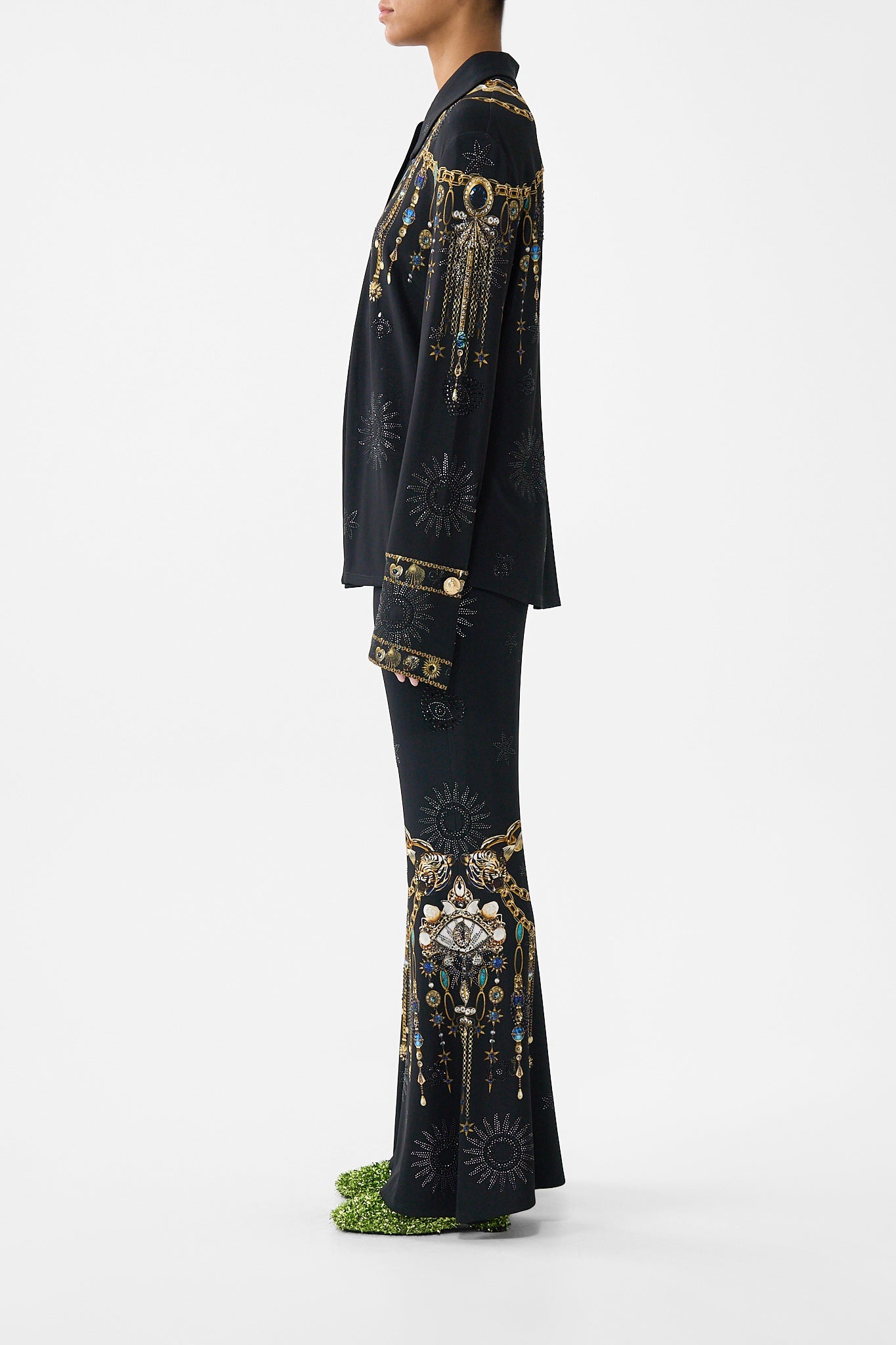 The CAMILLA JERSEY FLARED PANT AMULETS AND ALCHEMY in our  print.