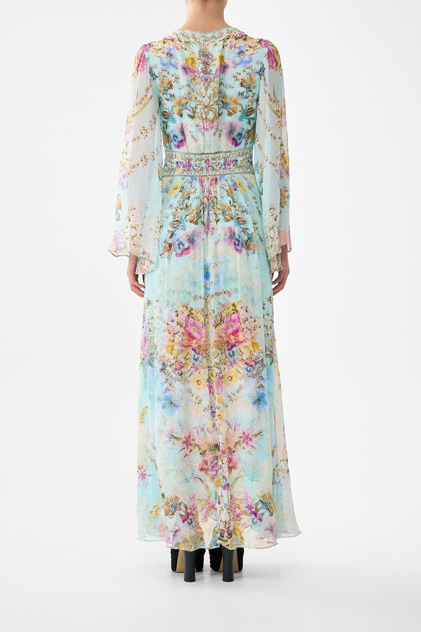 The CAMILLA FLARED SLEEVE DRESS BAZAAR BLOOMS in our  print.