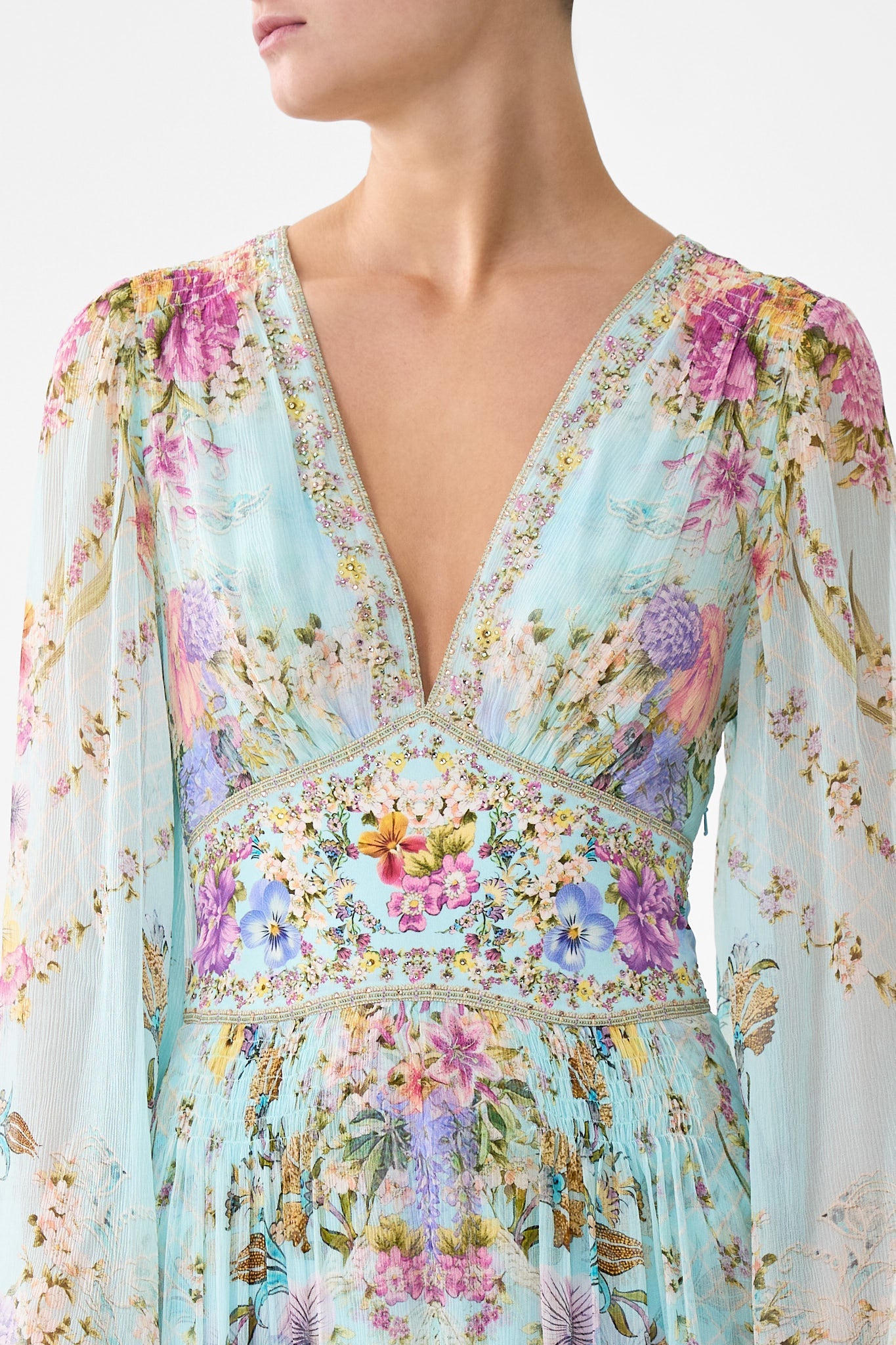The CAMILLA FLARED SLEEVE DRESS BAZAAR BLOOMS in our  print.
