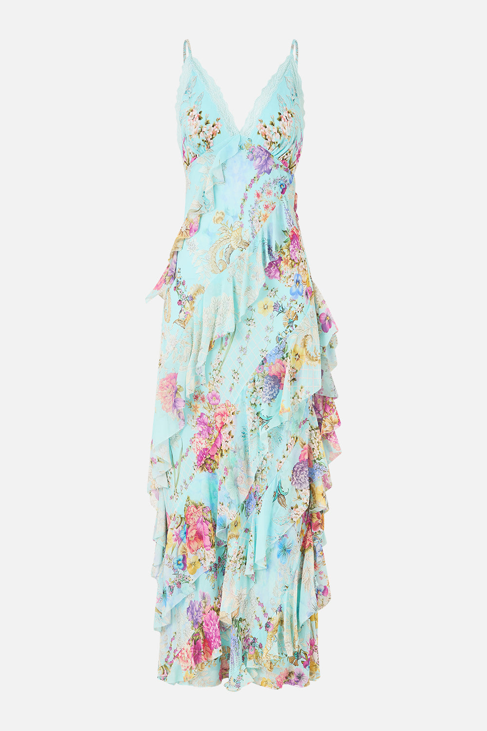 The CAMILLA ASYMMETRICAL RUFFLE SLIP DRESS BAZAAR BLOOMS in our  print.