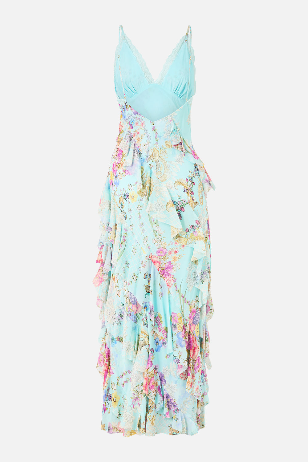 The CAMILLA ASYMMETRICAL RUFFLE SLIP DRESS BAZAAR BLOOMS in our  print.