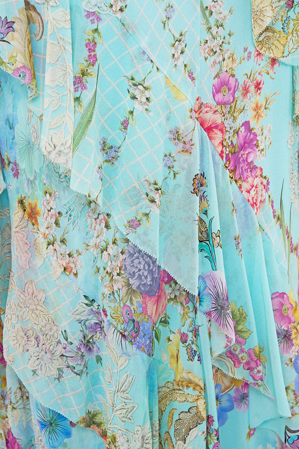 The CAMILLA ASYMMETRICAL RUFFLE SLIP DRESS BAZAAR BLOOMS in our  print.