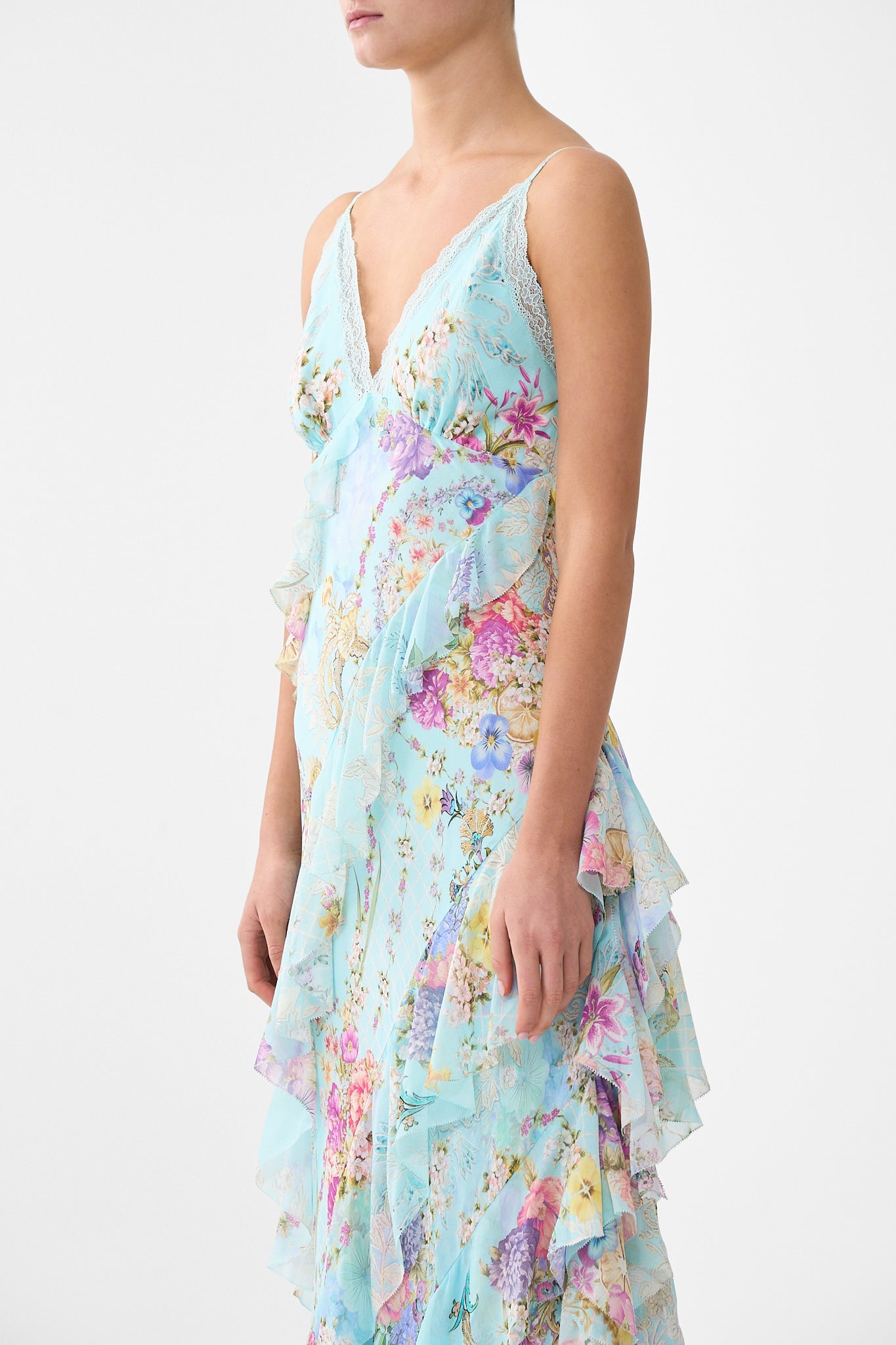 The CAMILLA ASYMMETRICAL RUFFLE SLIP DRESS BAZAAR BLOOMS in our  print.
