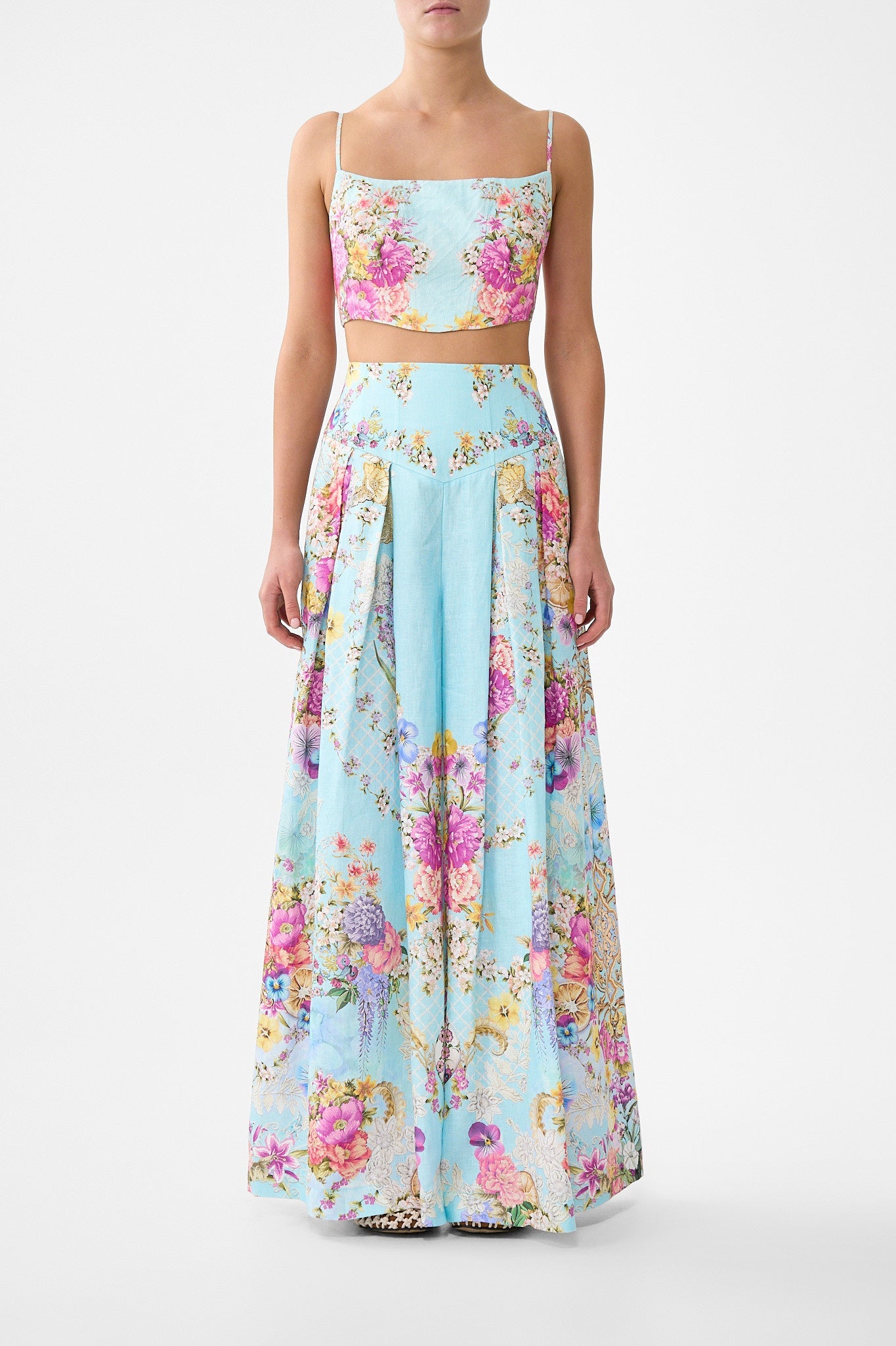 The CAMILLA CORSET WAIST WIDE LEG PANT BAZAAR BLOOMS in our BAZAAR BLOOMS print.