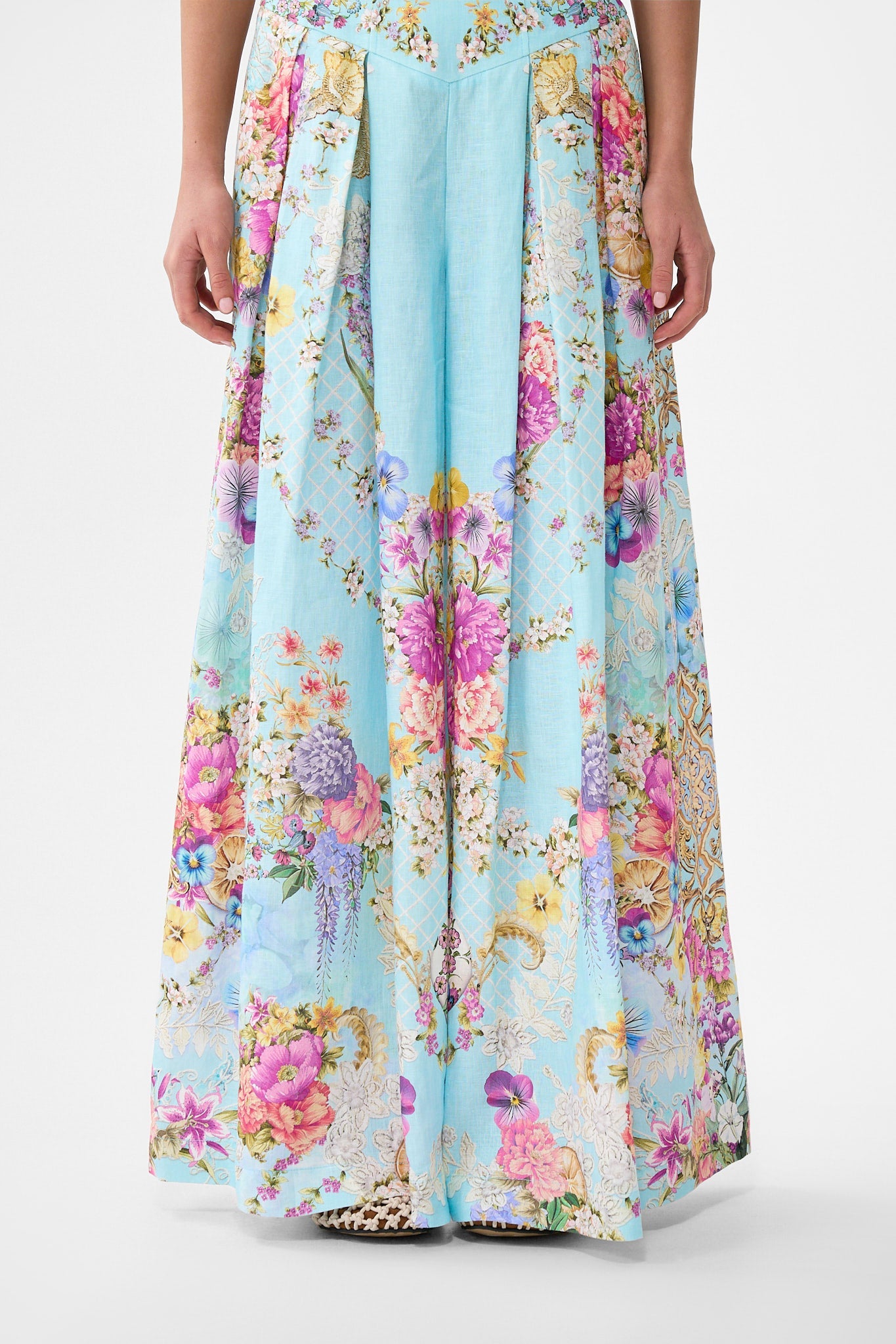 The CAMILLA CORSET WAIST WIDE LEG PANT BAZAAR BLOOMS in our  print.