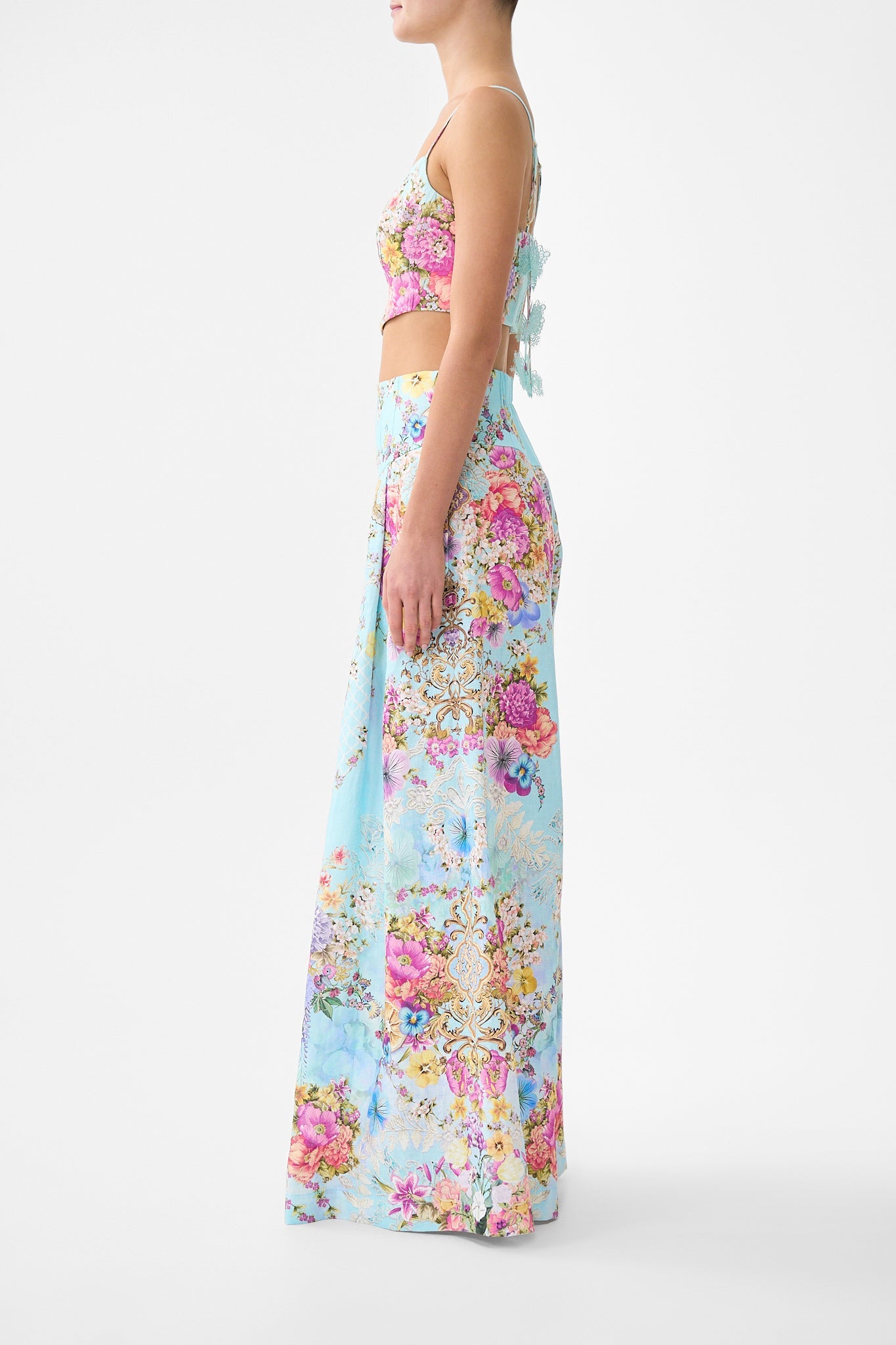 The CAMILLA CORSET WAIST WIDE LEG PANT BAZAAR BLOOMS in our  print.