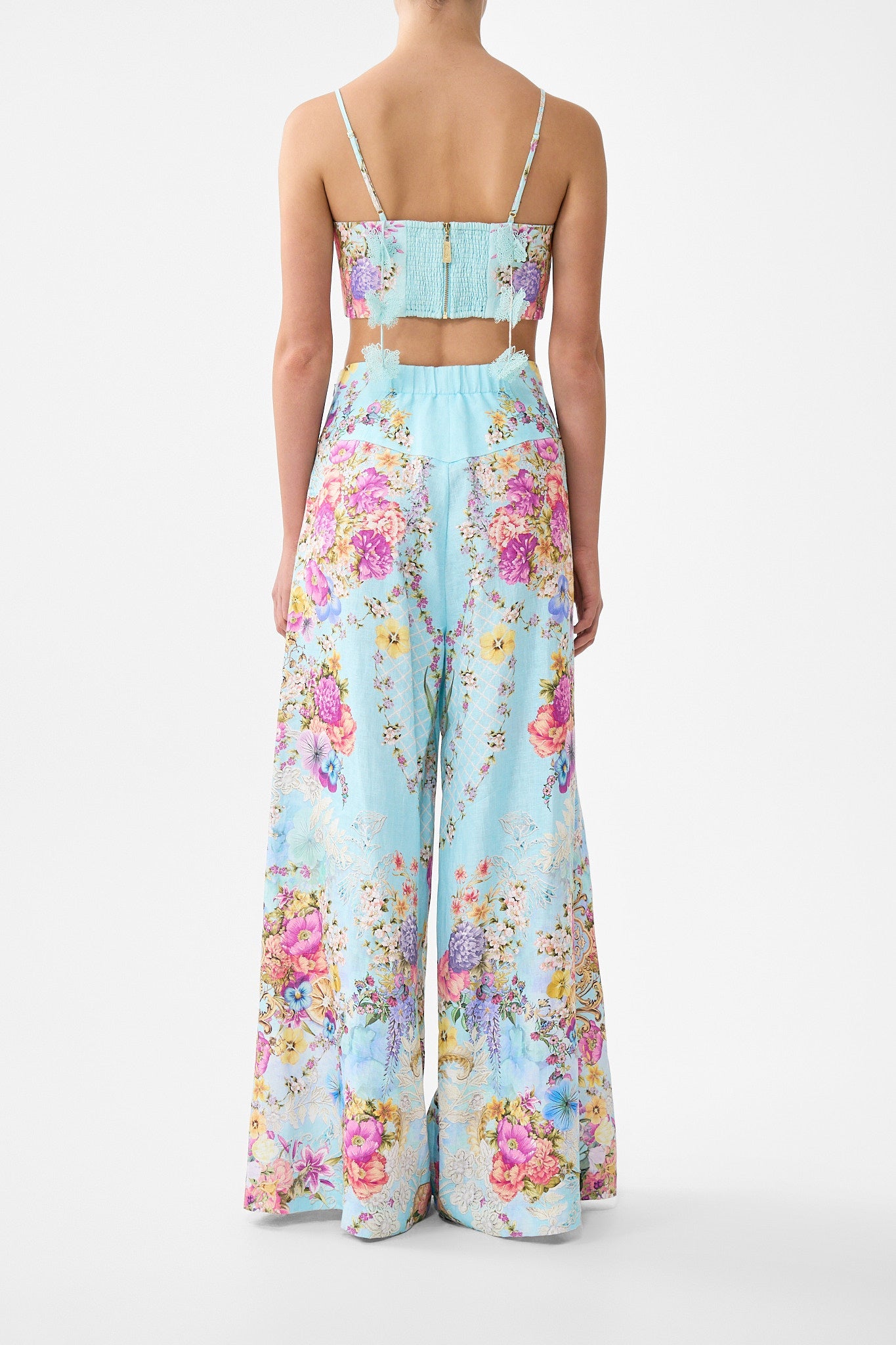 The CAMILLA CORSET WAIST WIDE LEG PANT BAZAAR BLOOMS in our  print.