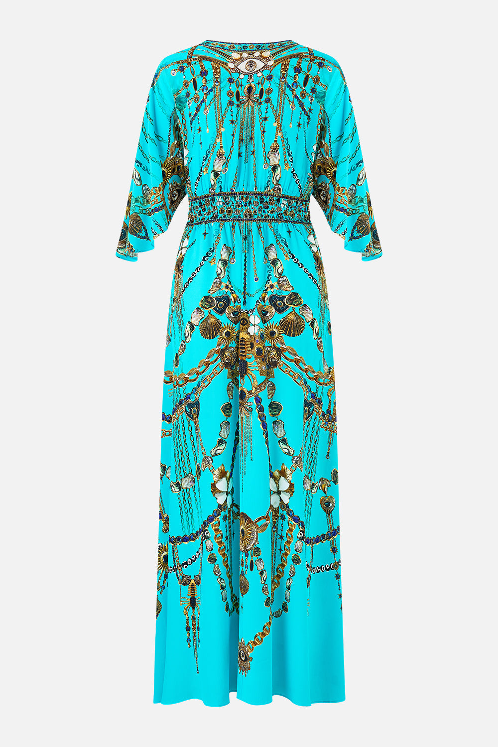 The CAMILLA TWIST FRONT WAISTED DRESS TOTEMS AND TREASURES in our  print.