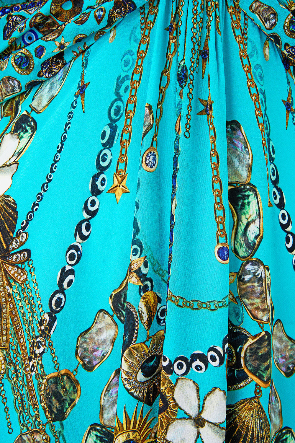 The CAMILLA TWIST FRONT WAISTED DRESS TOTEMS AND TREASURES in our  print.
