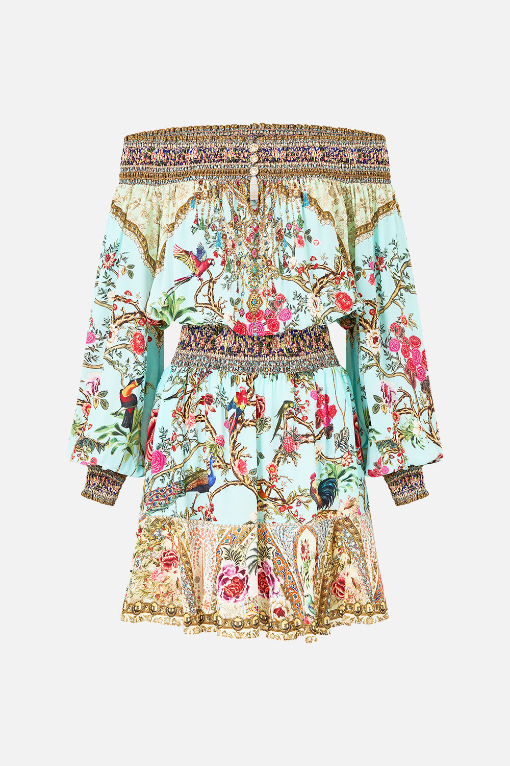 The CAMILLA OFF SHOULDER SHORT DRESS SULTANS AND QUEENS in our  print.