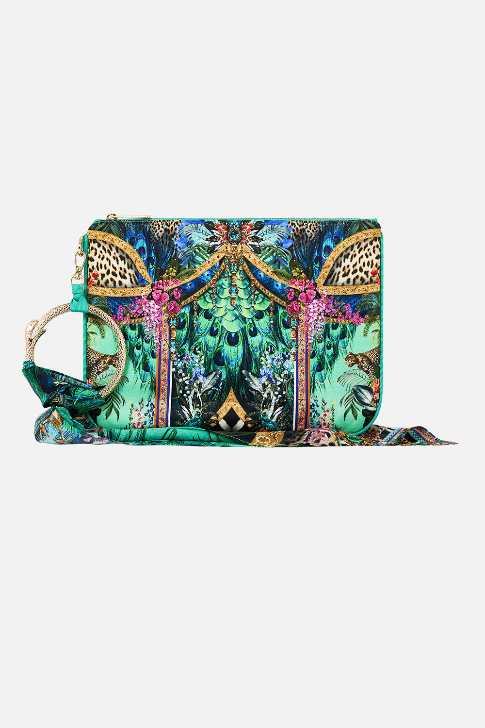 The CAMILLA ring scarf clutch from our print animal alchemy, front product view