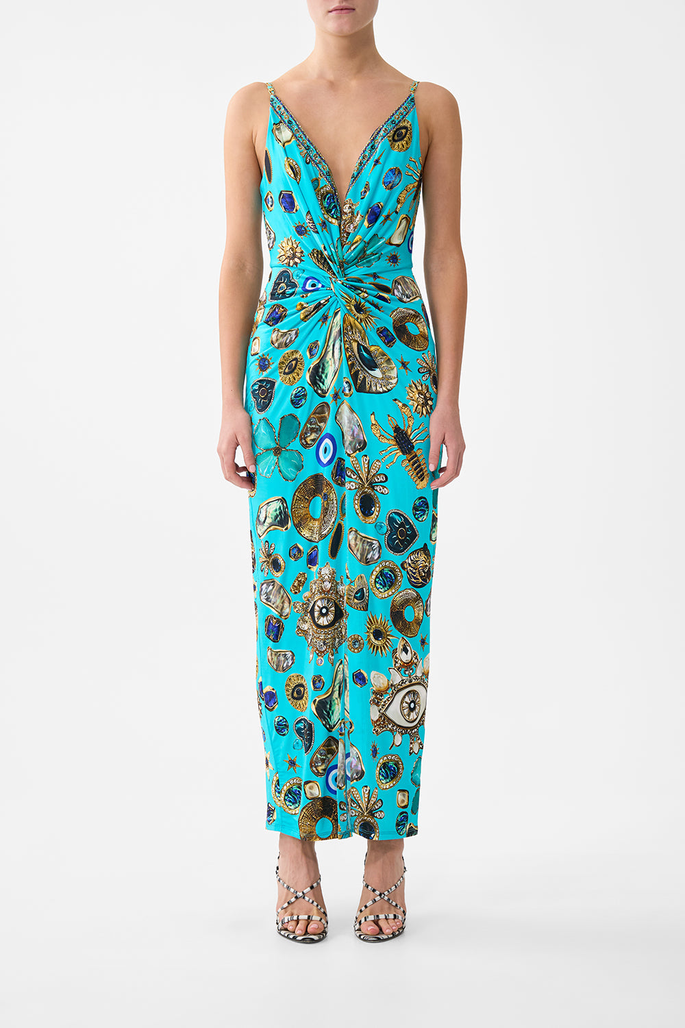 The CAMILLA STRAPPY DRESS WITH TWIST FRONT TOTEMS AND TREASURES in our TOTEMS AND TREASURES print.
