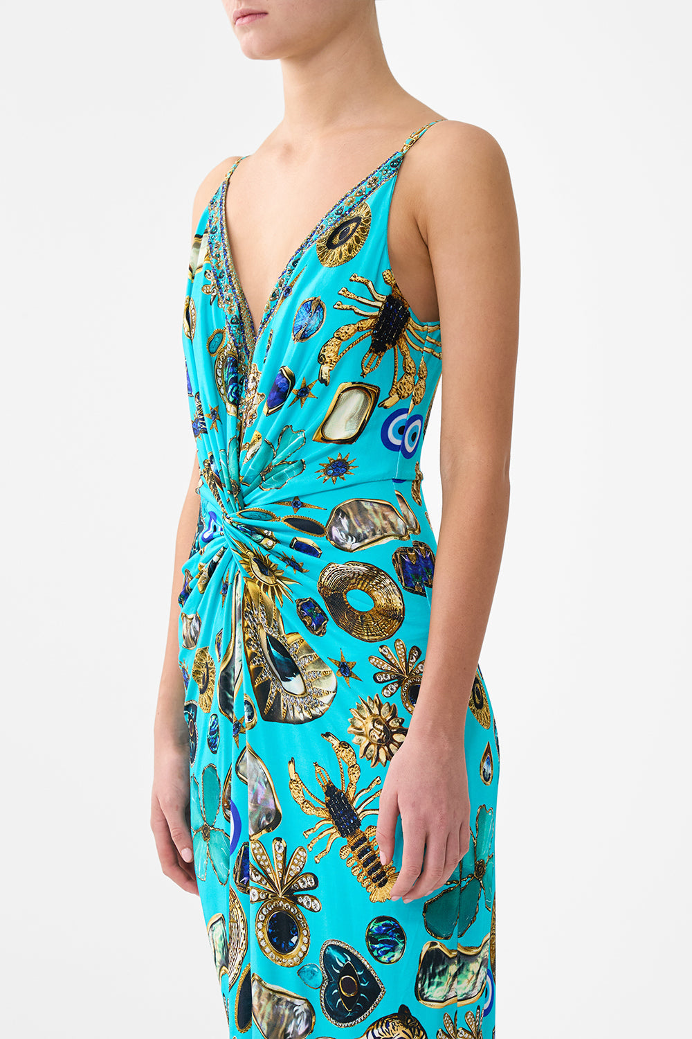The CAMILLA STRAPPY DRESS WITH TWIST FRONT TOTEMS AND TREASURES in our  print.