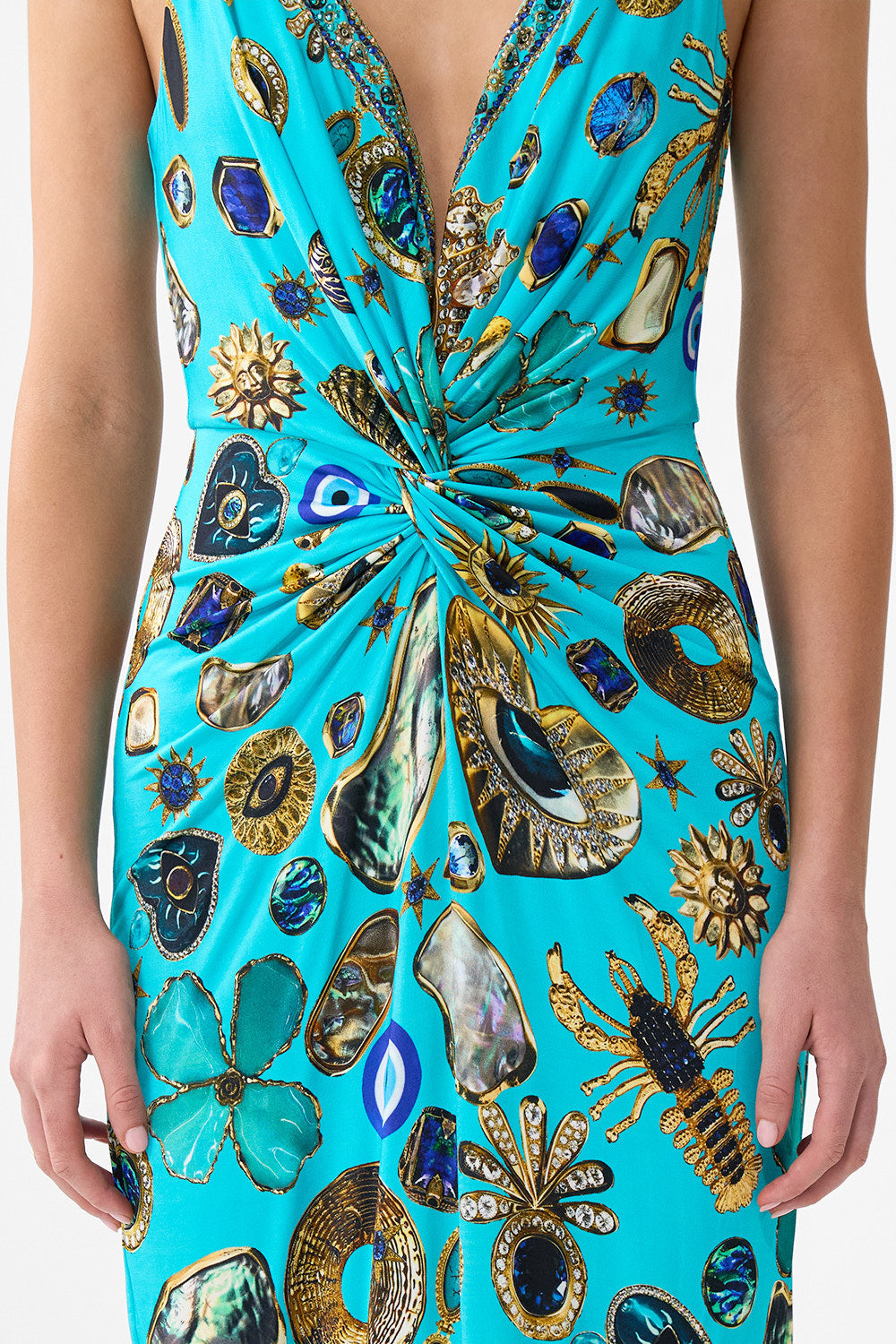The CAMILLA STRAPPY DRESS WITH TWIST FRONT TOTEMS AND TREASURES in our  print.