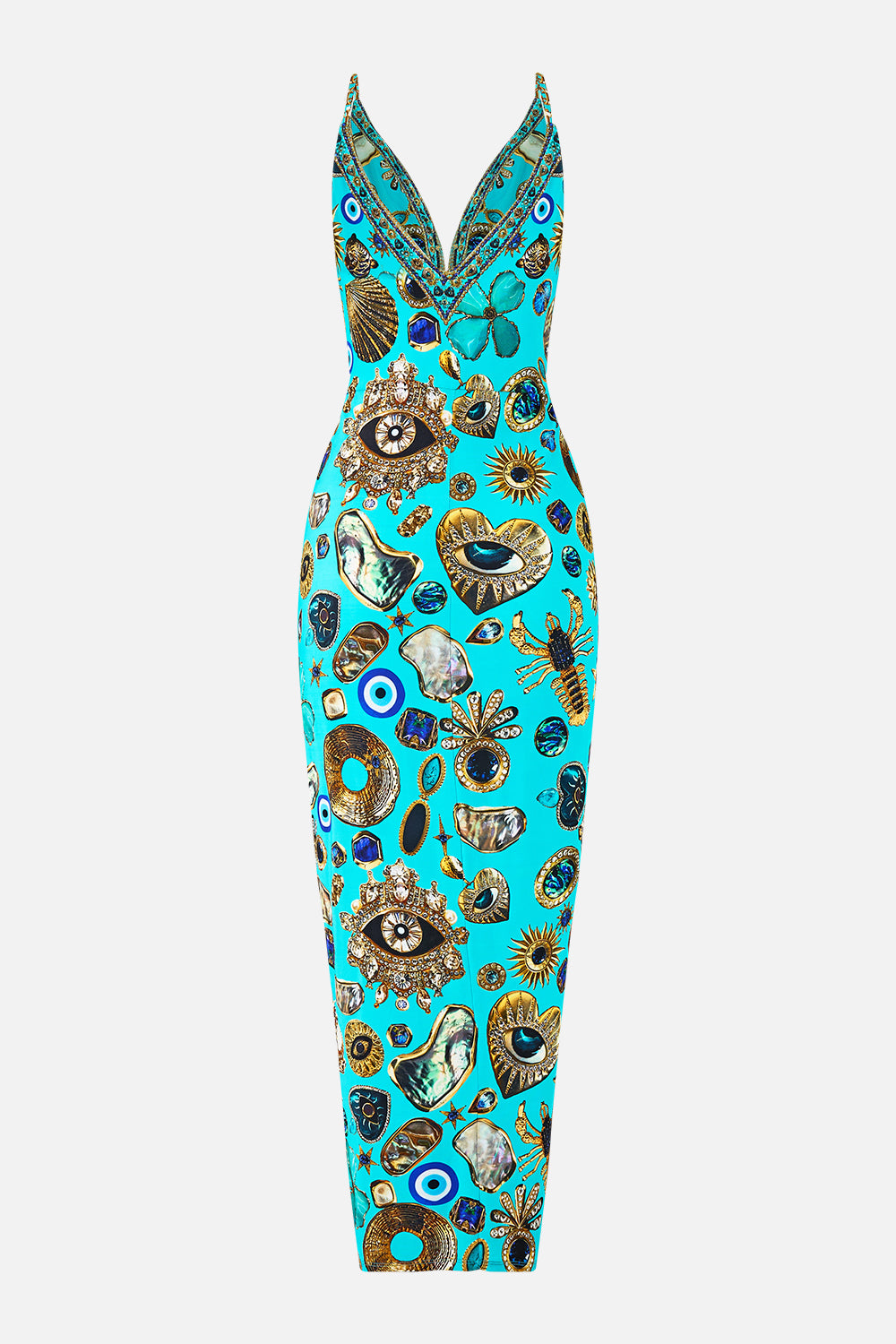 The CAMILLA STRAPPY DRESS WITH TWIST FRONT TOTEMS AND TREASURES in our  print.