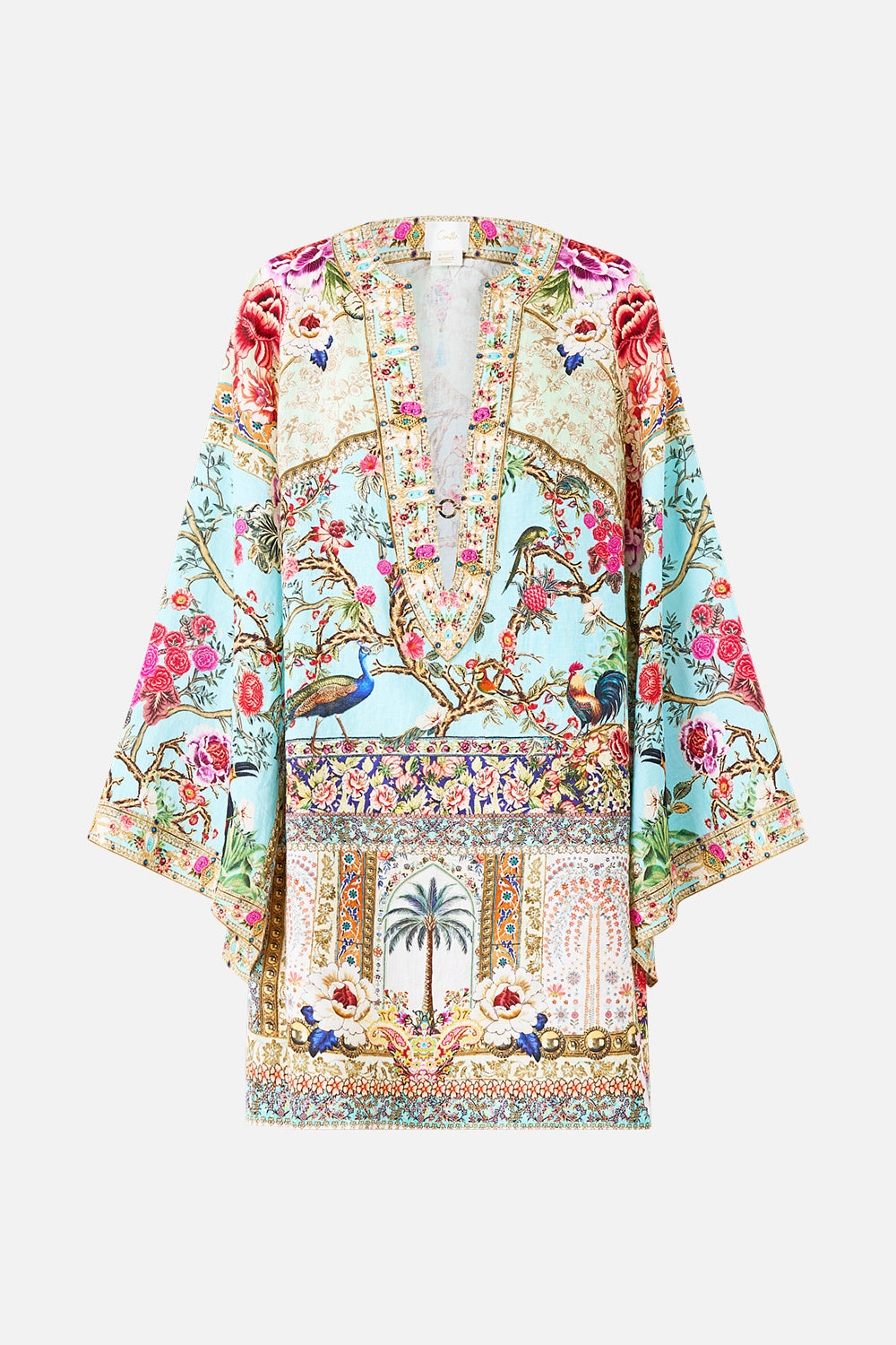 The CAMILLA DEEP V-NECK HARDWARE SHORT KAFTAN SULTANS AND QUEENS in our  print.