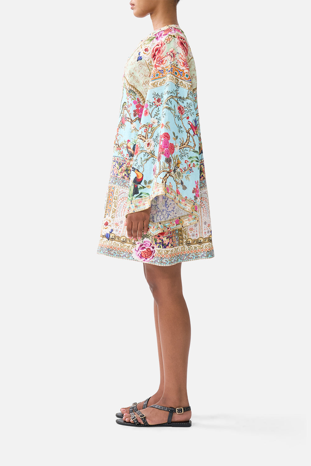 The CAMILLA DEEP V-NECK HARDWARE SHORT KAFTAN SULTANS AND QUEENS in our  print.