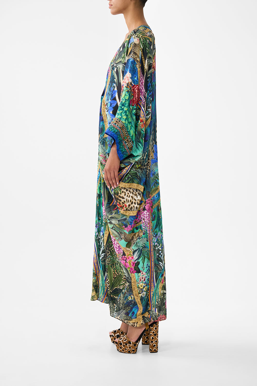 The CAMILLA PIERCED V-NECK KAFTAN ANIMAL ALCHEMY in our  print.