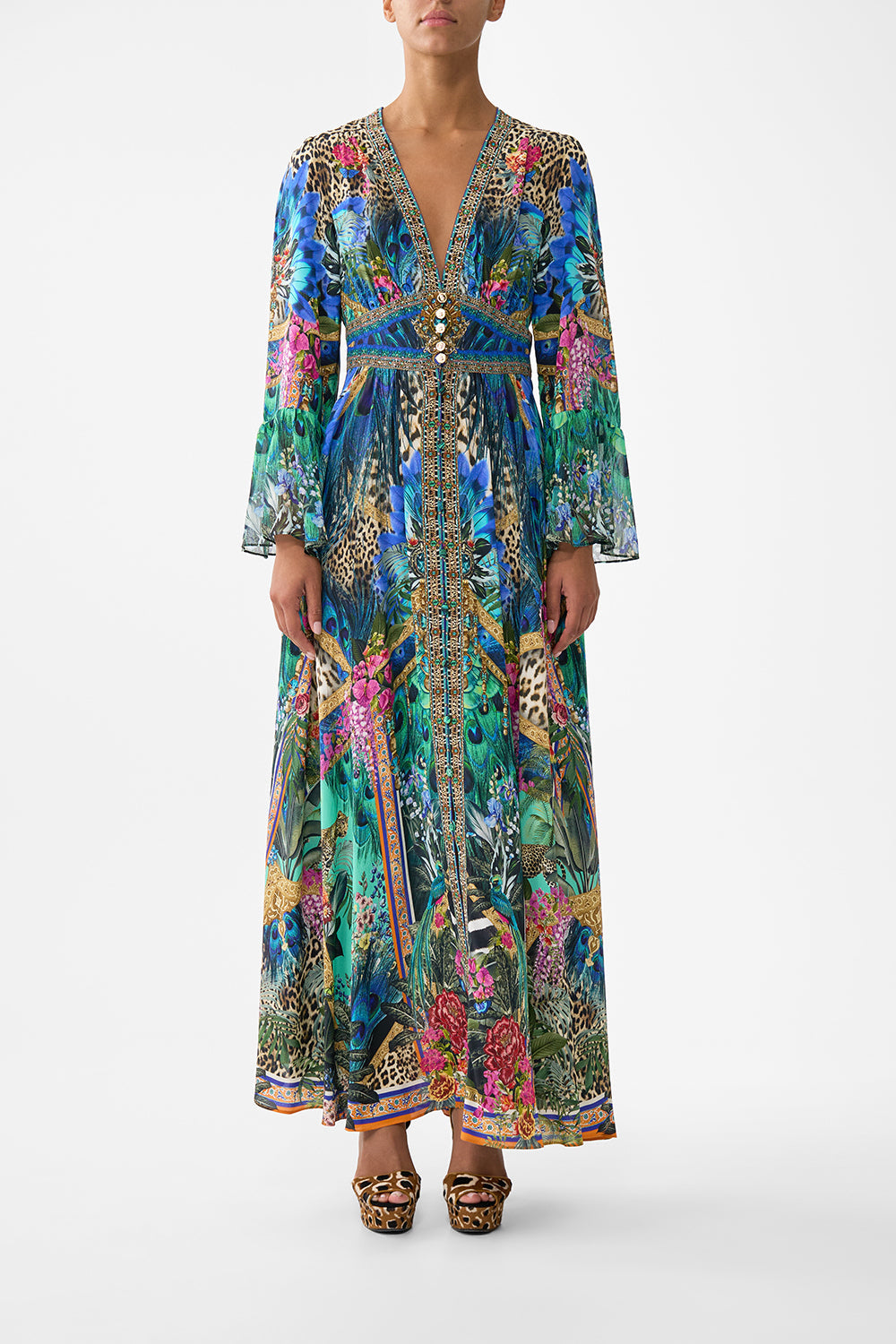 The CAMILLA SHAPED WAISTBAND DRESS WITH RUFFLE SLEEVE ANIMAL ALCHEMY in our ANIMAL ALCHEMY print.