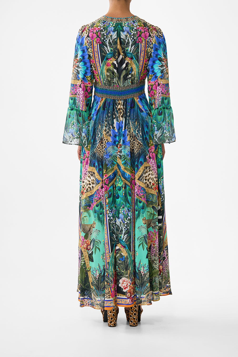 The CAMILLA SHAPED WAISTBAND DRESS WITH RUFFLE SLEEVE ANIMAL ALCHEMY in our  print.