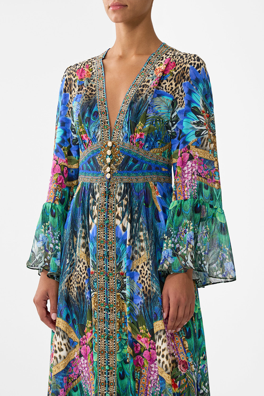 The CAMILLA SHAPED WAISTBAND DRESS WITH RUFFLE SLEEVE ANIMAL ALCHEMY in our  print.