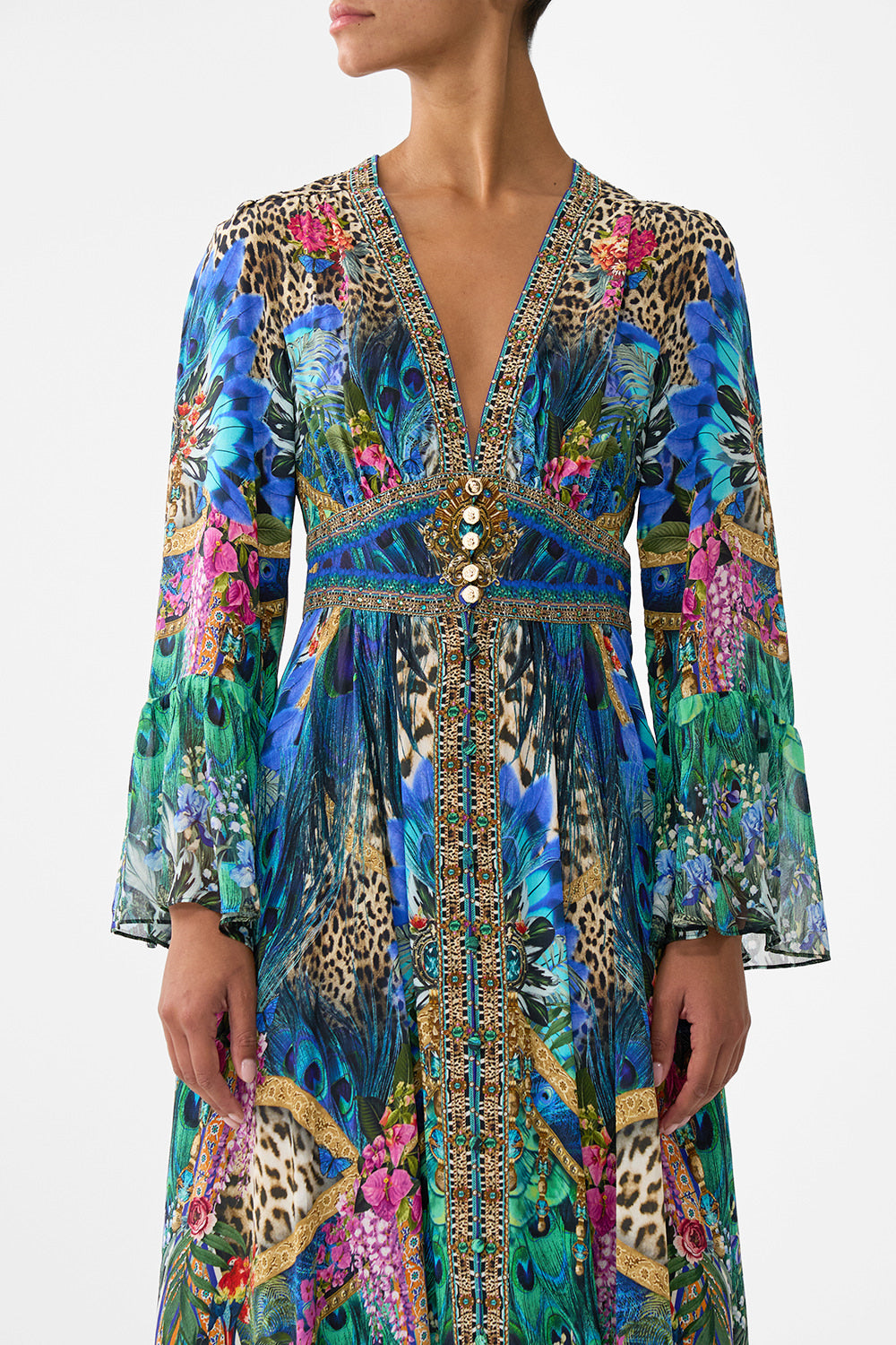 The CAMILLA SHAPED WAISTBAND DRESS WITH RUFFLE SLEEVE ANIMAL ALCHEMY in our  print.