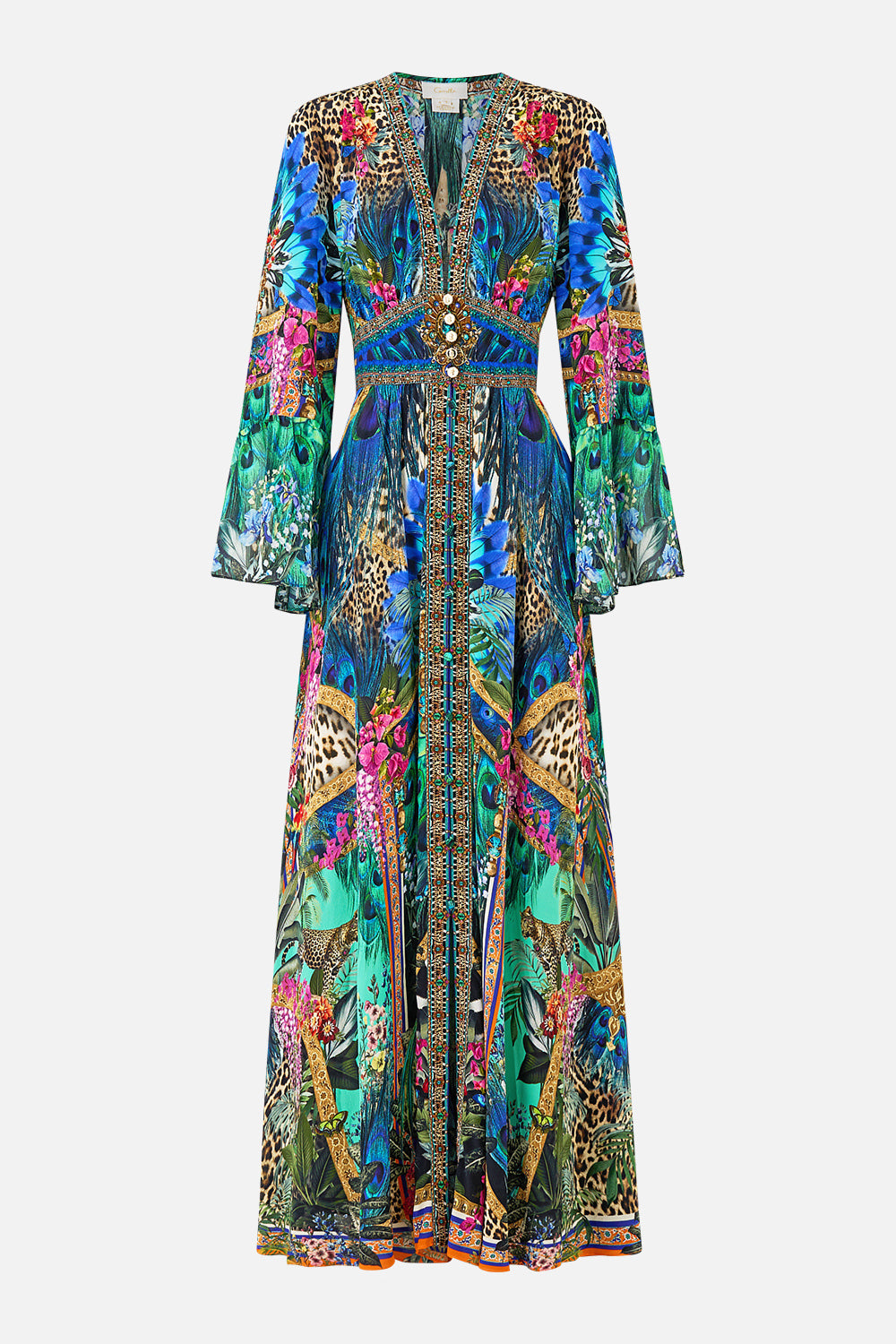 The CAMILLA SHAPED WAISTBAND DRESS WITH RUFFLE SLEEVE ANIMAL ALCHEMY in our  print.