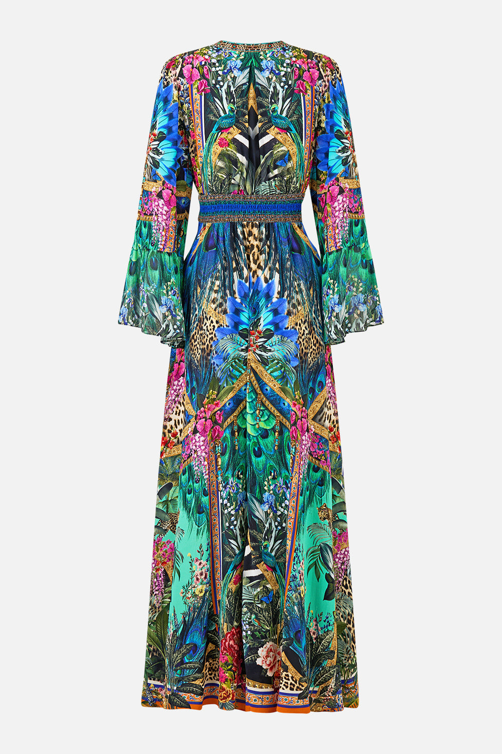 The CAMILLA SHAPED WAISTBAND DRESS WITH RUFFLE SLEEVE ANIMAL ALCHEMY in our  print.