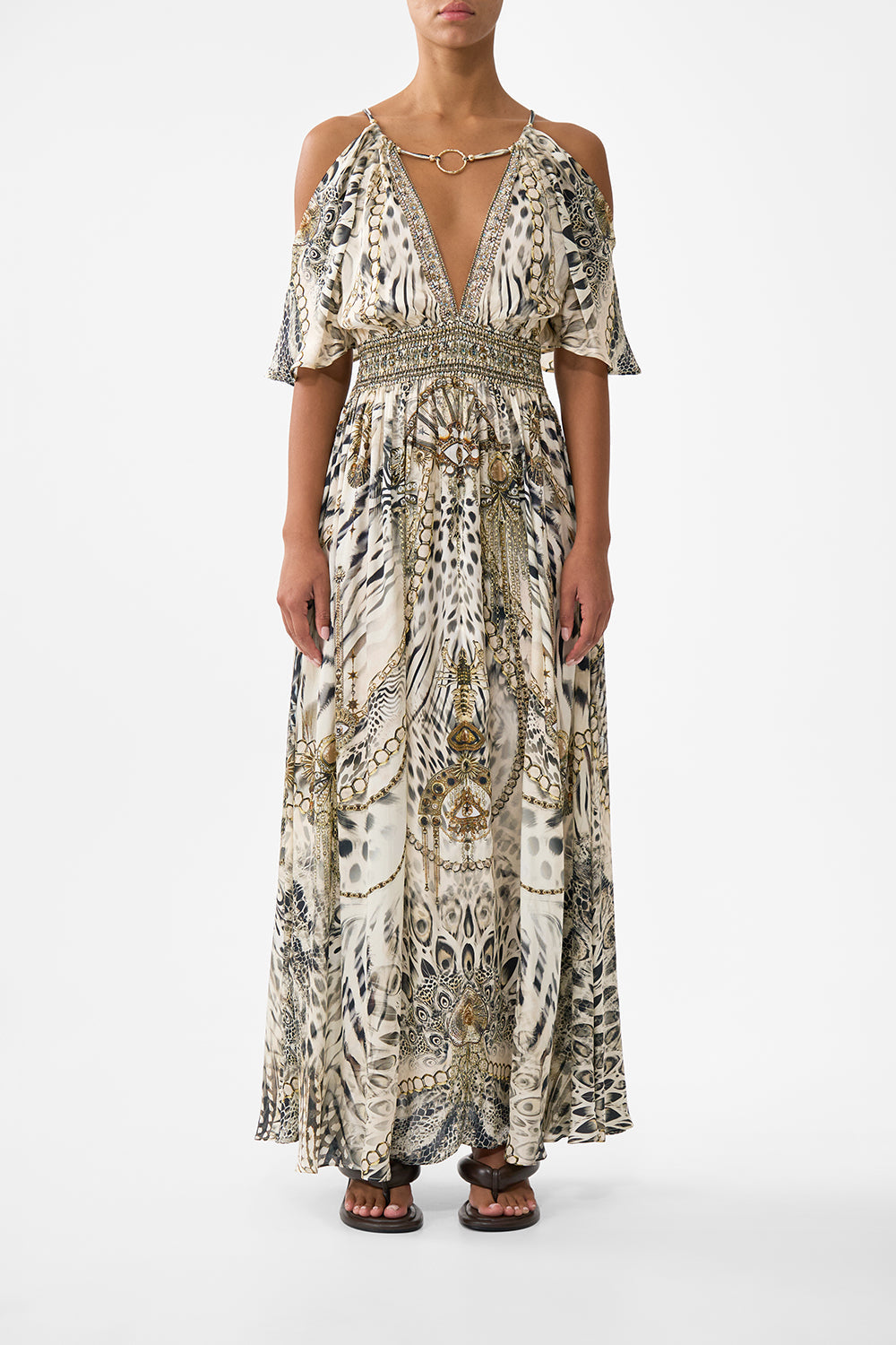 The CAMILLA neck charm shirred waist long dress from our print lady lionheart