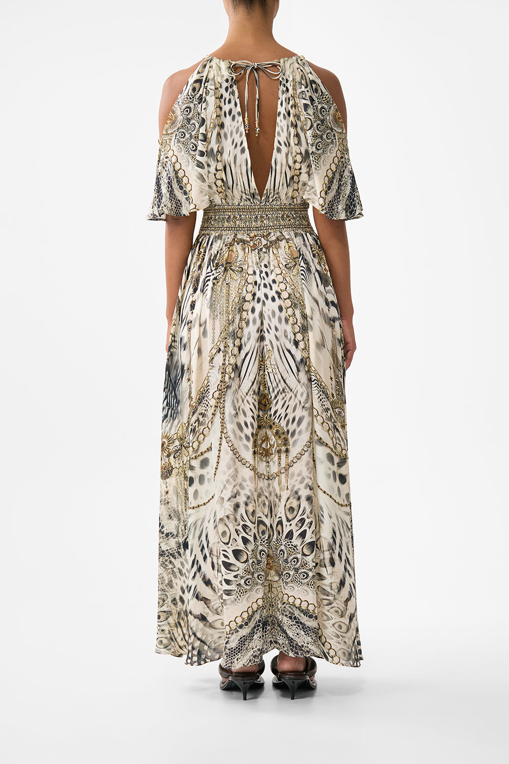 The CAMILLA neck charm shirred waist long dress from our print lady lionheart