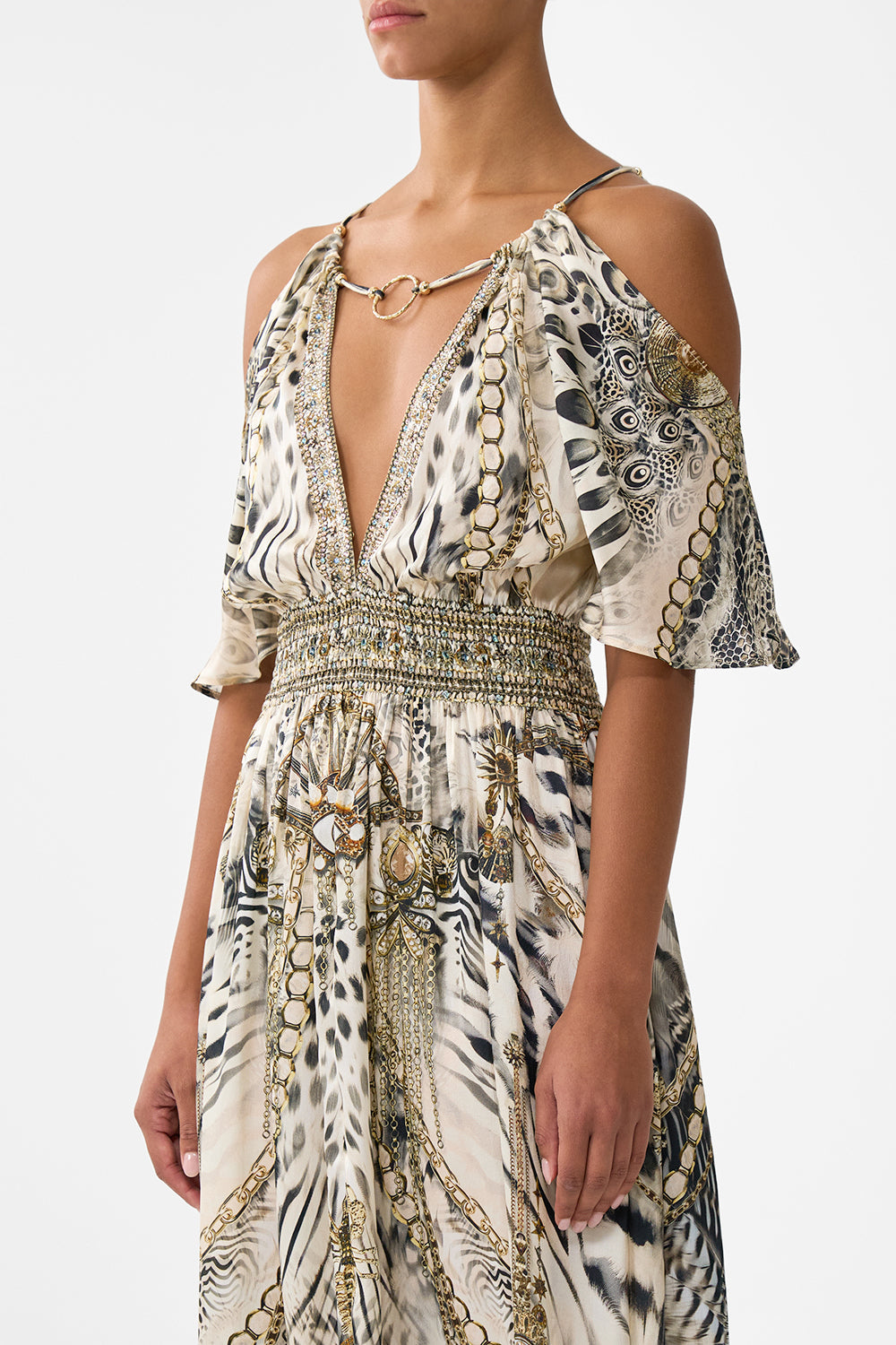 The CAMILLA neck charm shirred waist long dress from our print lady lionheart