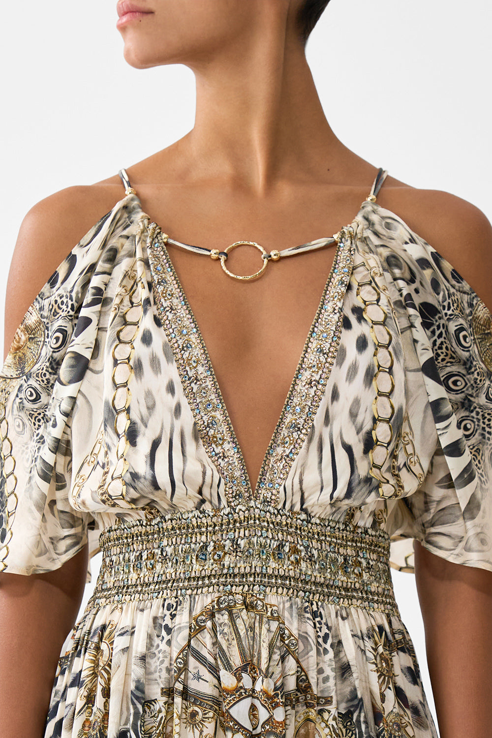 The CAMILLA neck charm shirred waist long dress from our print lady lionheart