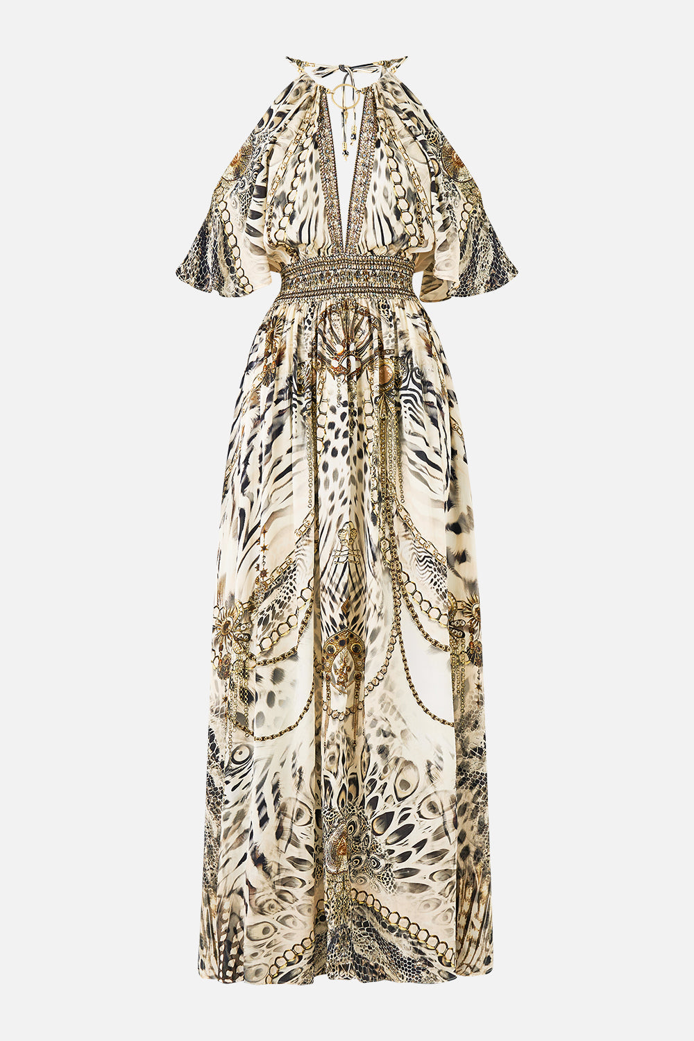The CAMILLA NECK CHARM SHIRRED WAIST LONG DRESS LADY LIONHEART in our  print.
