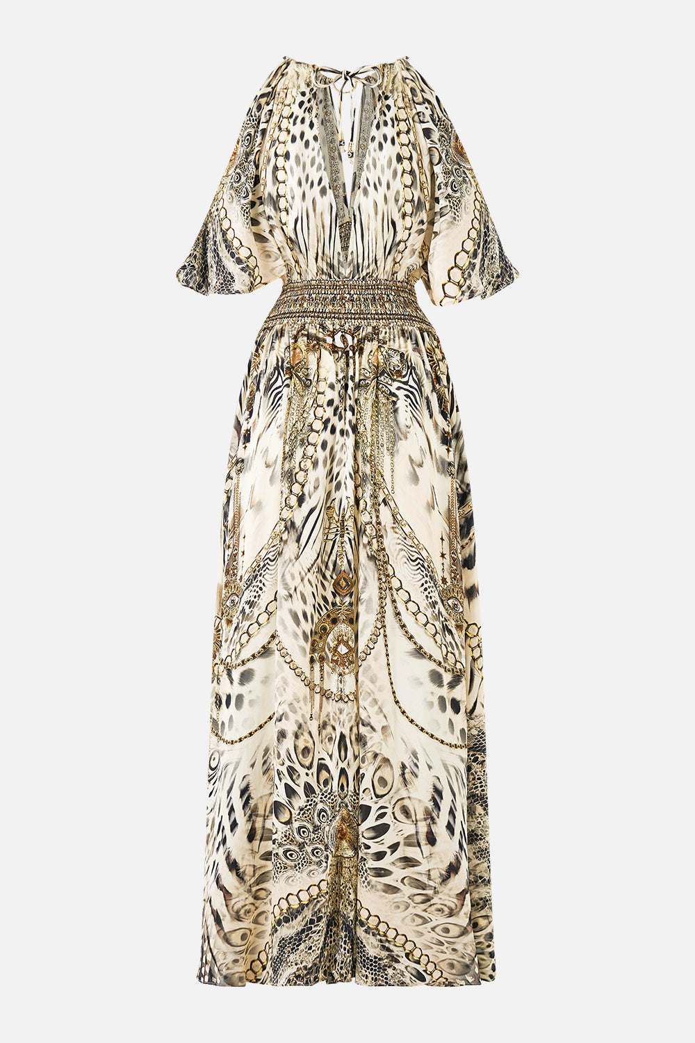 The CAMILLA neck charm shirred waist long dress from our print lady lionheart, back product view