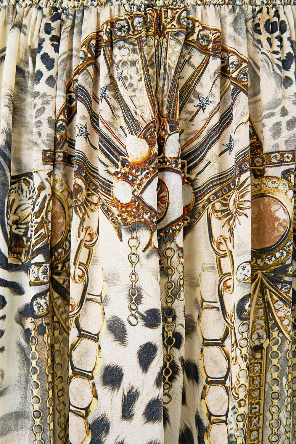 The CAMILLA NECK CHARM SHIRRED WAIST LONG DRESS LADY LIONHEART in our  print.