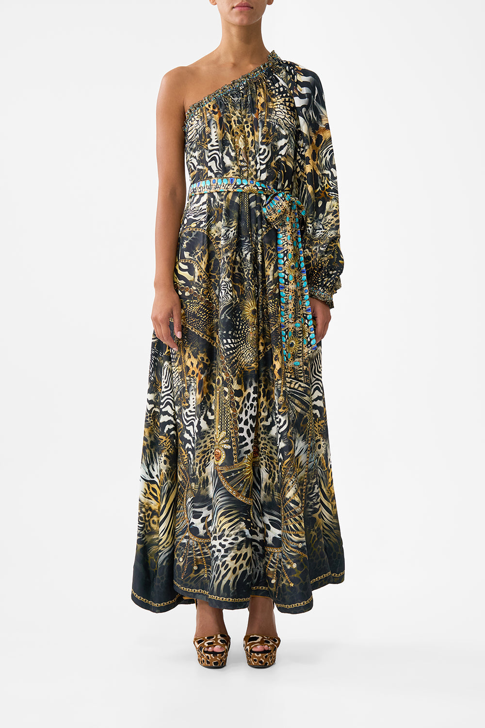 The CAMILLA ONE SHOULDER DRESS WITH BLOUSON SLEEVE FELINE FOLKLORE in our FELINE FOLKLORE print.