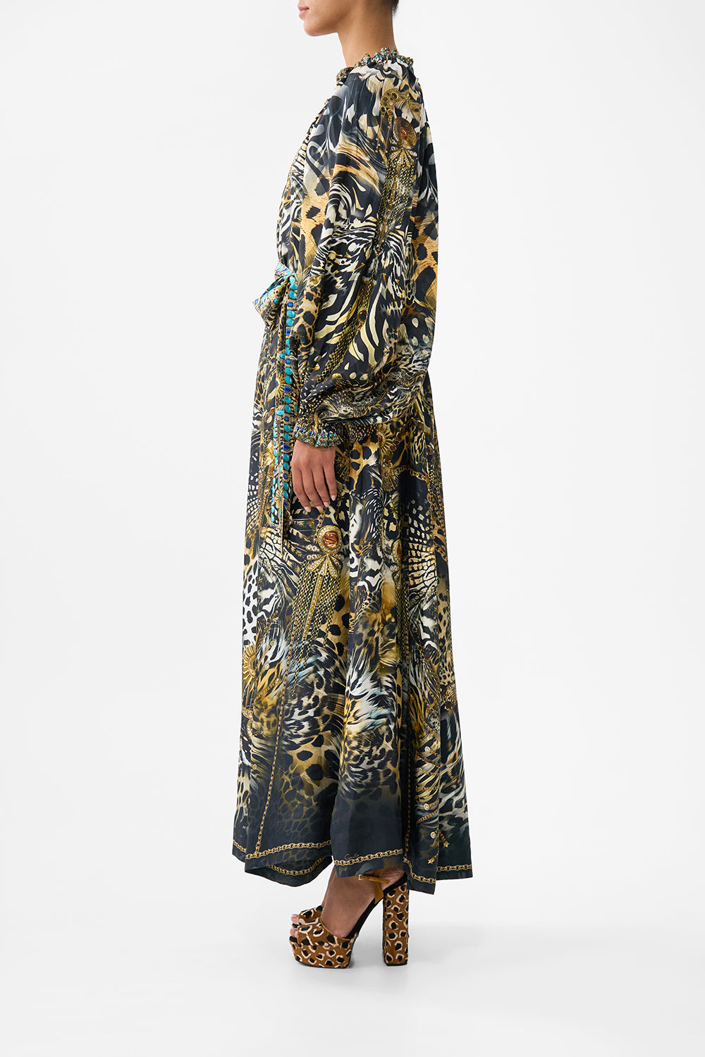 The CAMILLA ONE SHOULDER DRESS WITH BLOUSON SLEEVE FELINE FOLKLORE in our  print.