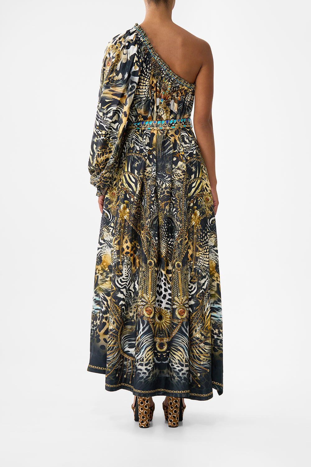 The CAMILLA ONE SHOULDER DRESS WITH BLOUSON SLEEVE FELINE FOLKLORE in our  print.