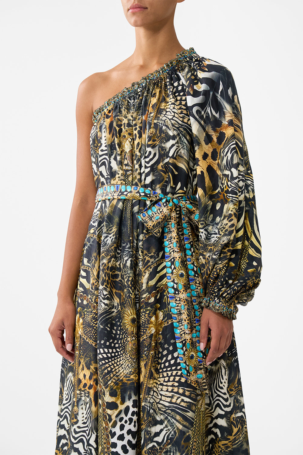 The CAMILLA ONE SHOULDER DRESS WITH BLOUSON SLEEVE FELINE FOLKLORE in our  print.