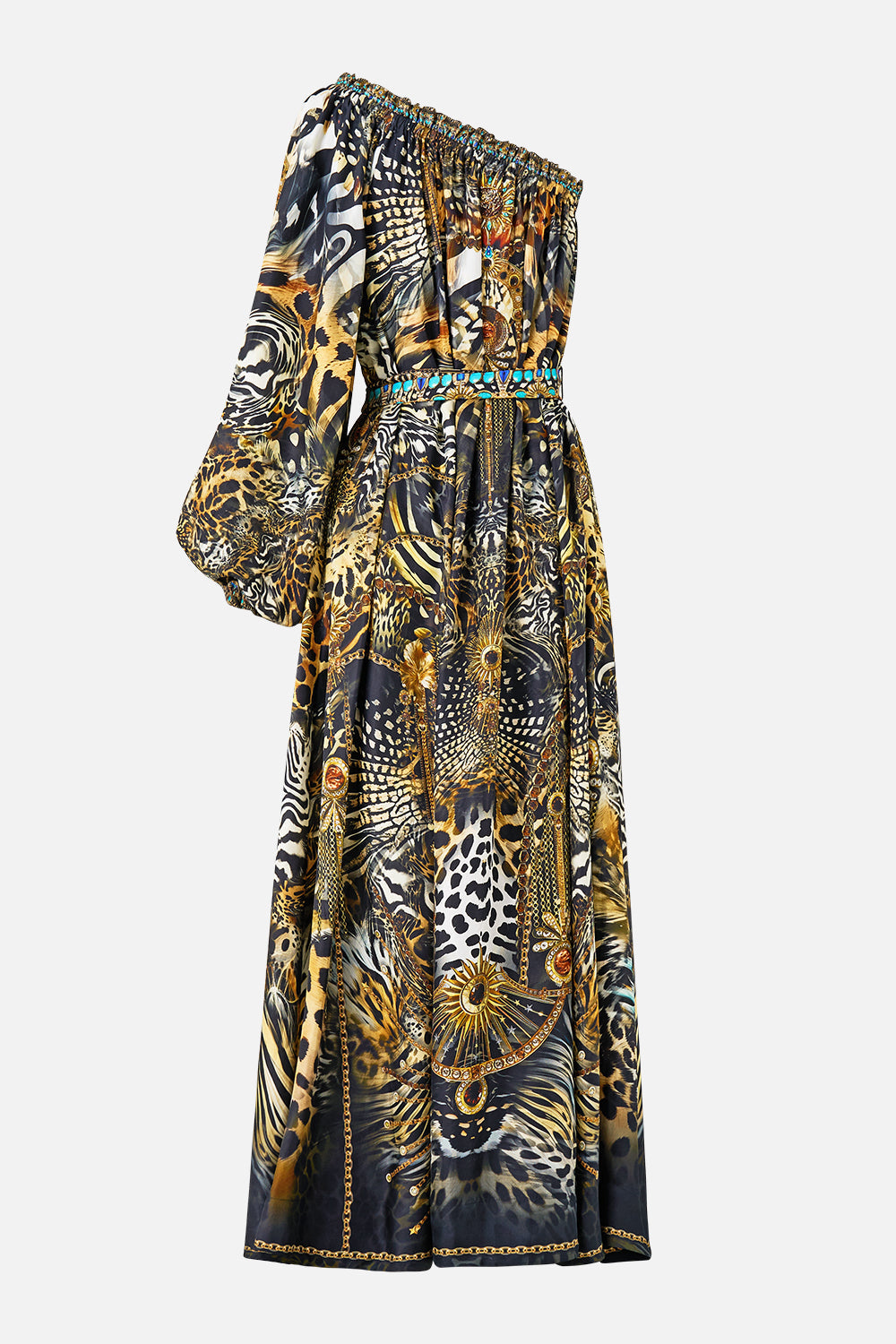 The CAMILLA ONE SHOULDER DRESS WITH BLOUSON SLEEVE FELINE FOLKLORE in our  print.