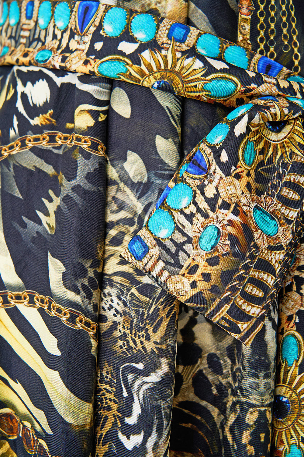 The CAMILLA ONE SHOULDER DRESS WITH BLOUSON SLEEVE FELINE FOLKLORE in our  print.