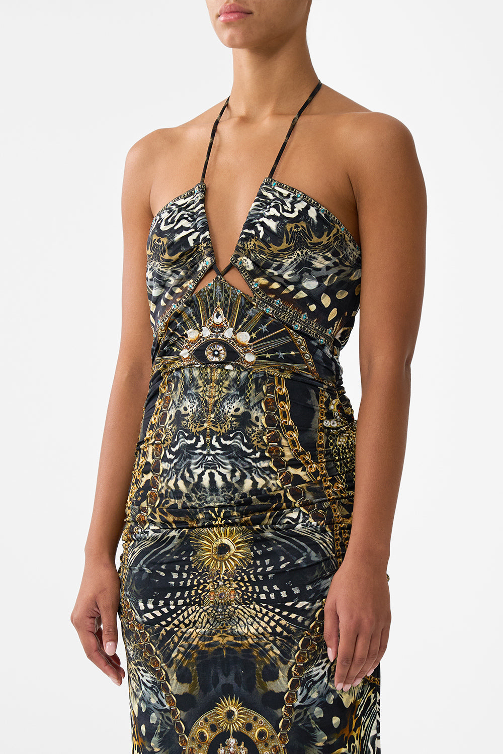 The CAMILLA CUT OUT SLEEVELESS JERSEY HALTER NECK DRESS FELINE FOLKLORE in our  print.
