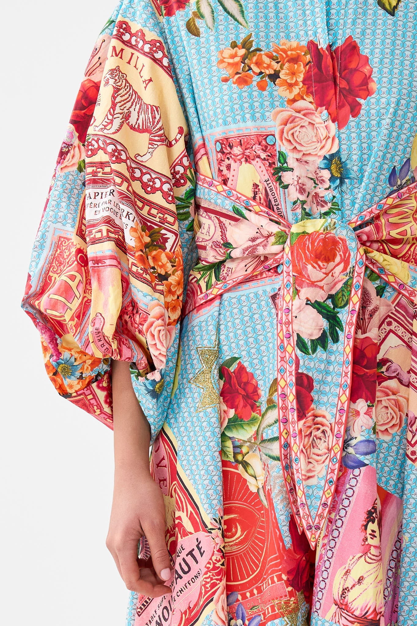 The CAMILLA WAIST TIE SHIRT DRESS WITH BUBBLE SLEEVE PAPERS AND CURIOUS CAPERS in our  print.