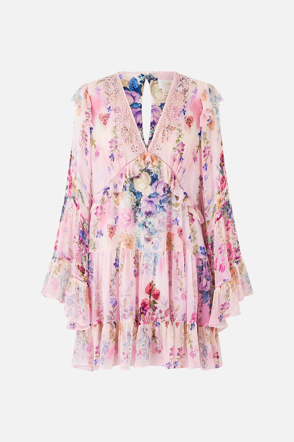 The CAMILLA TIERED SWING MINI DRESS PALATIAL PASTELS in our  print.