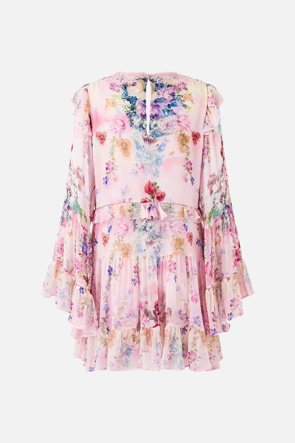The CAMILLA TIERED SWING MINI DRESS PALATIAL PASTELS in our  print.