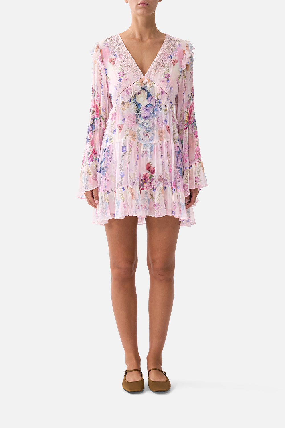The CAMILLA TIERED SWING MINI DRESS PALATIAL PASTELS in our PALATIAL PASTELS print.