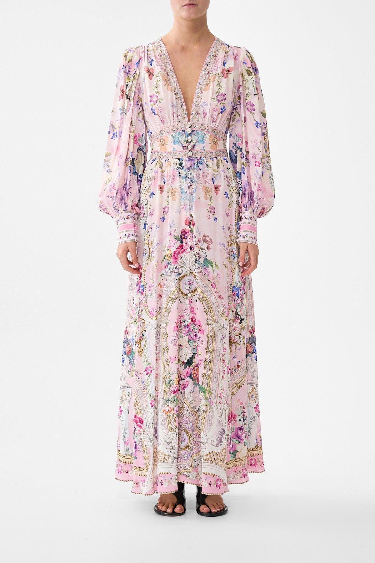 SHAPED WAISTBAND DRESS WITH GATHERED SLEEVES PALATIAL PASTELS