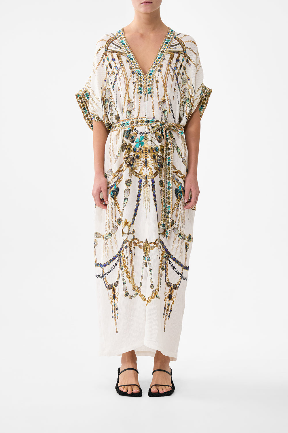 The CAMILLA SHORT SLEEVE KAFTAN WITH TIE WAIST CHAIN GANG in our CHAIN GANG print.
